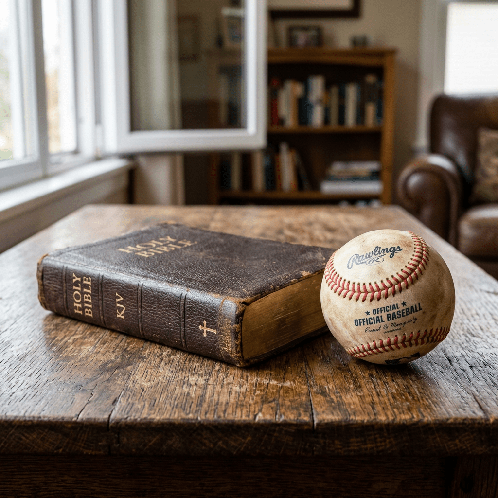 Worn Holy Bible and Rawlings official baseball on rustic wooden table
